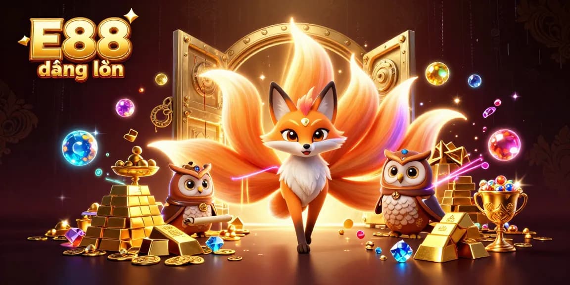 Experience the thrill of E88 đăng nhập with vibrant illustrations featuring a colorful fox spirit amidst treasures.