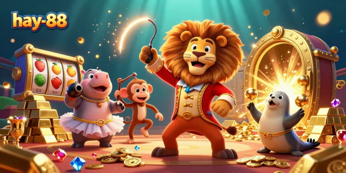 Engage with hay-88's thrilling atmosphere as the circus-themed casino characters showcase jackpot excitement.