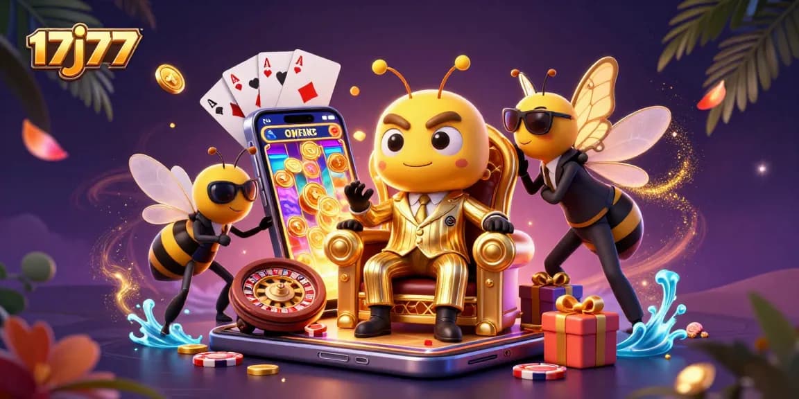 Engage with 17j77's vibrant casino scene featuring a cartoon bumblebee mob boss, slot games, and golden coins.