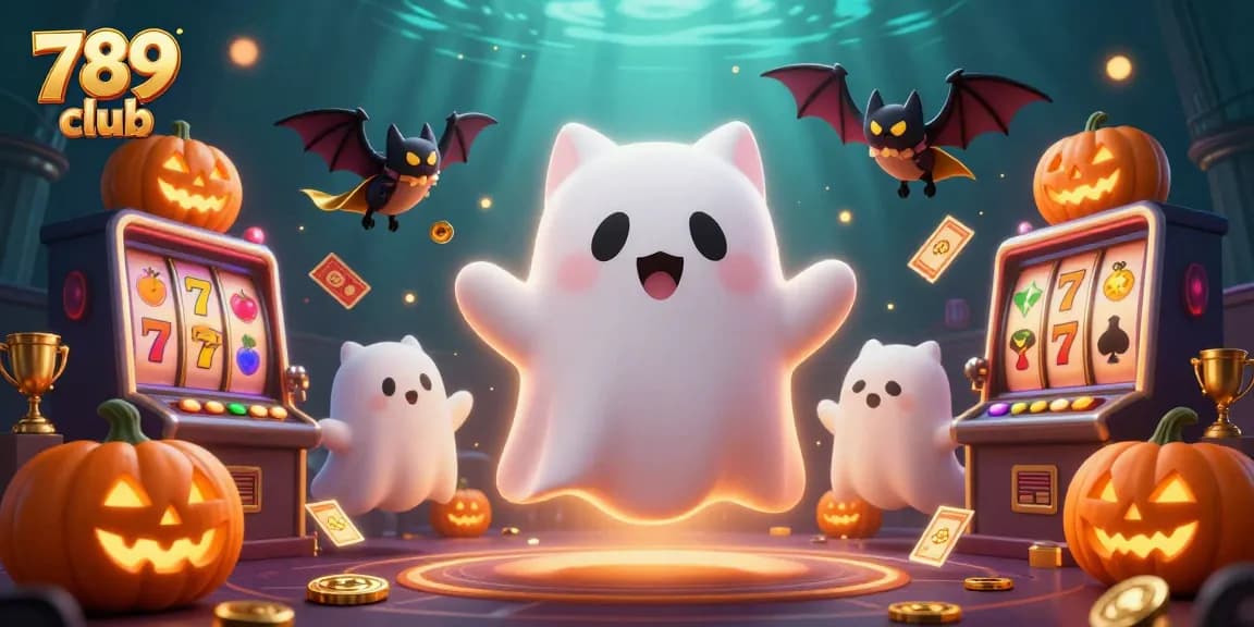 Experience thrilling gameplay at 789 club with a lively ghost cat in a haunted casino atmosphere.