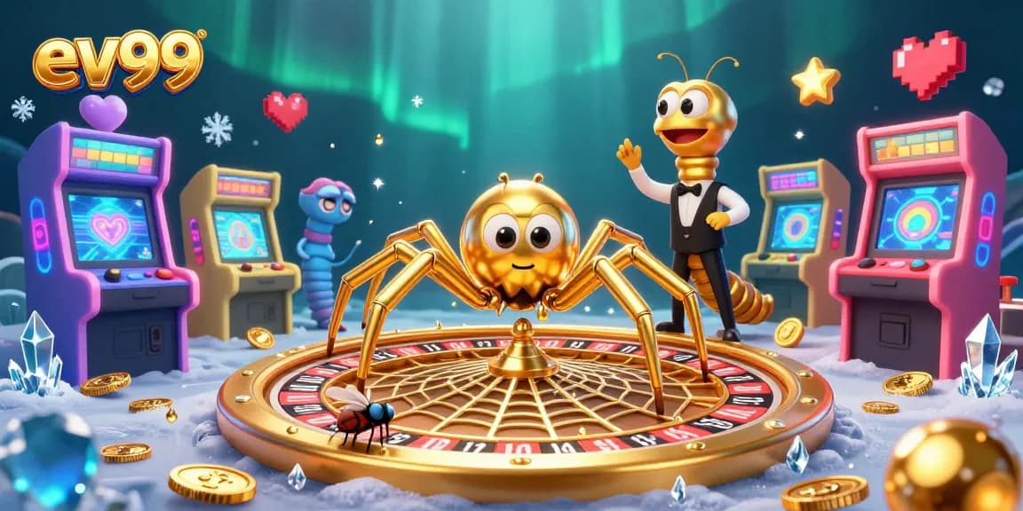 ev99 shows a colorful 3D scene where a golden spider spins a roulette web while characters engage in thrilling bets