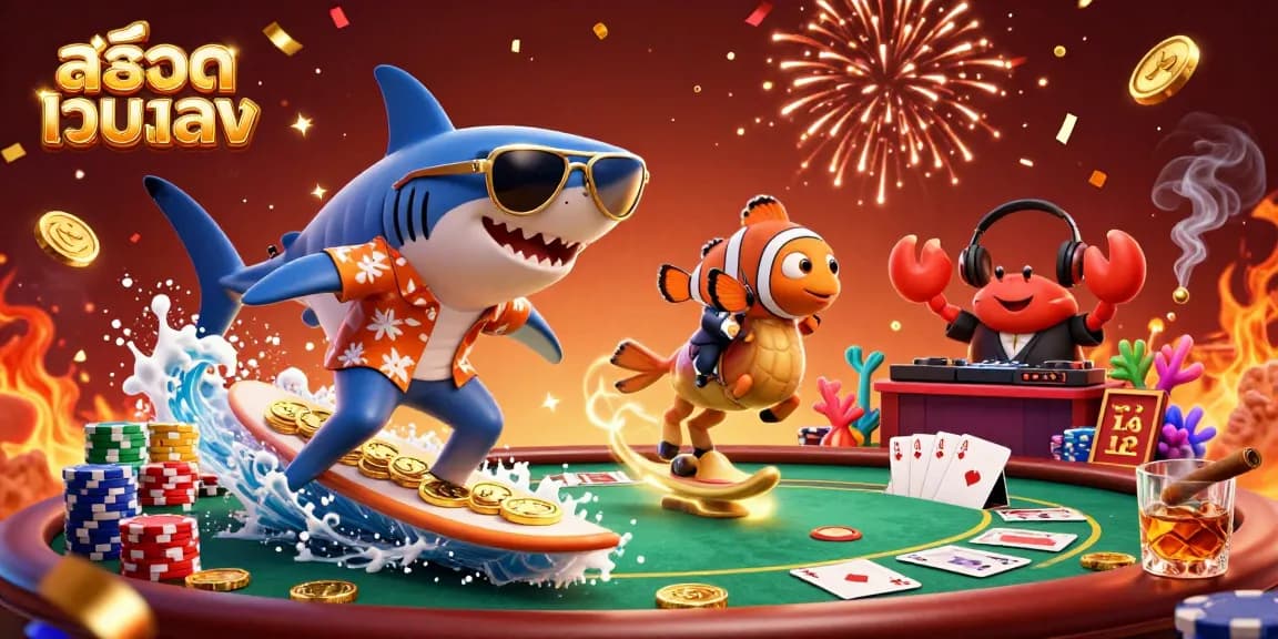 Surf the wave of สล็อตเว็บตรง excitement with a golden coin cascade and festive characters.