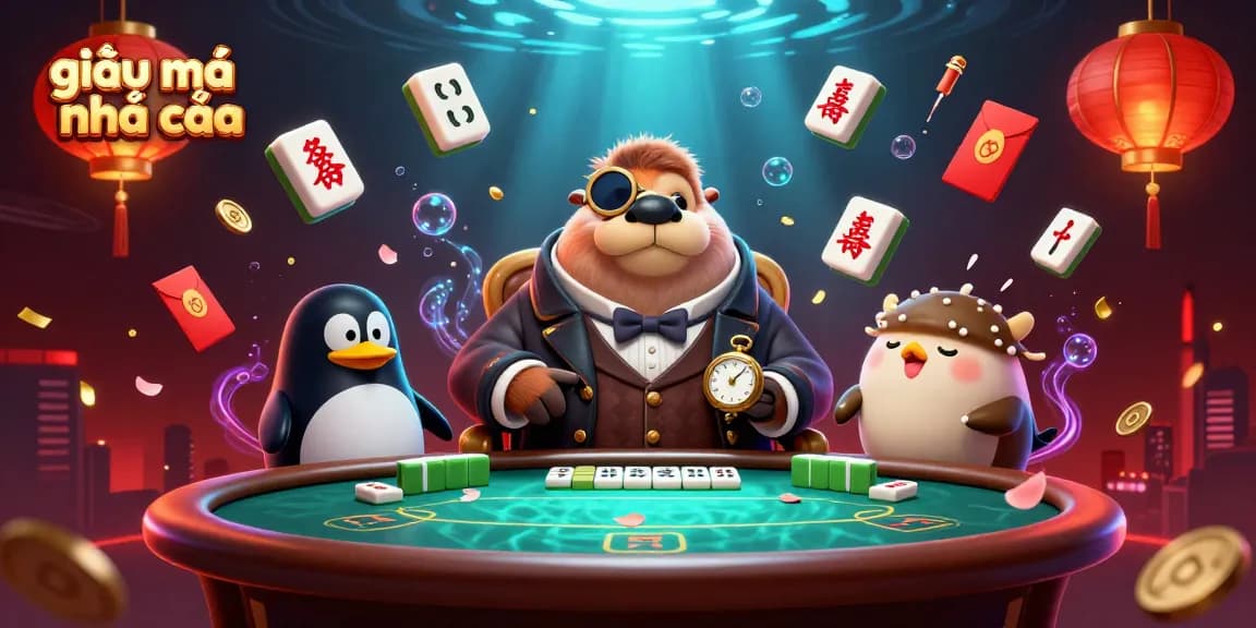 Engaging scene featuring giải mã nhà cái as a jolly walrus plays poker with a sophisticated penguin and bluffing pufferfish.