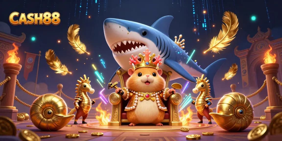 CASH88: Engage in an epic gaming adventure with a golden hamster king in a mesmerizing casino arena.