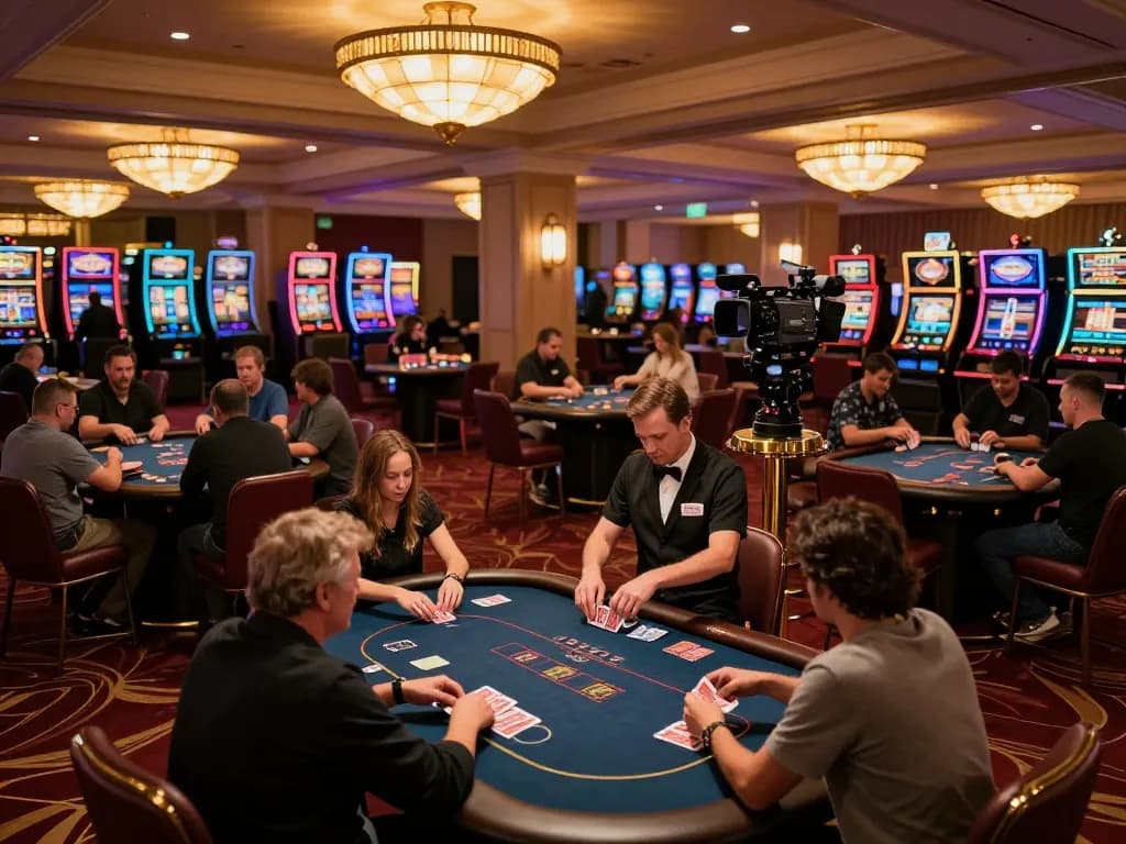 Players engaged in strategic gameplay at the ALO8 casino tables, surrounded by vibrant lighting and excitement.