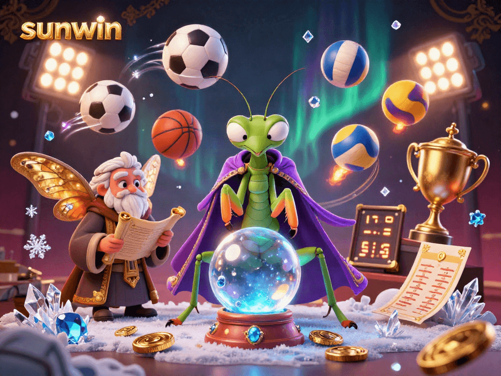 Engage with sunwin’s dynamic gaming scene featuring a whimsical fortune teller and vibrant sports elements.