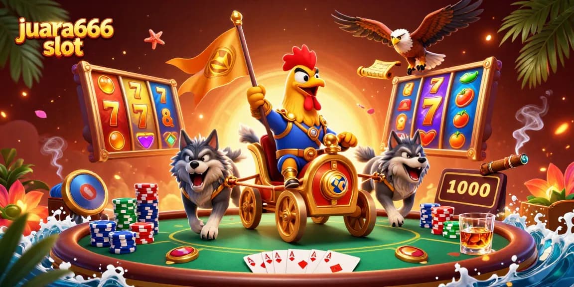 Rasakan slot juara666 dengan ilustrasi dinamis dari seorang panglima ayam dalam aksi di tengah elemen kasino yang berwarna-warni.