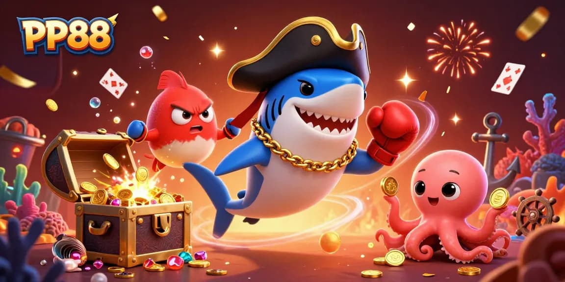 Experience the thrill of PP88 casino with a playful pirate shark and friends amidst vibrant underwater treasures.