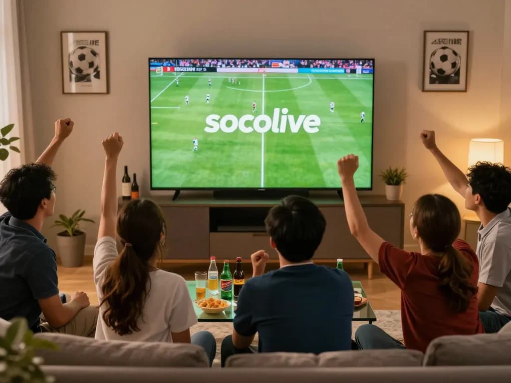 Socolive sports fans cheerfully watching live football match with drinks and snacks
