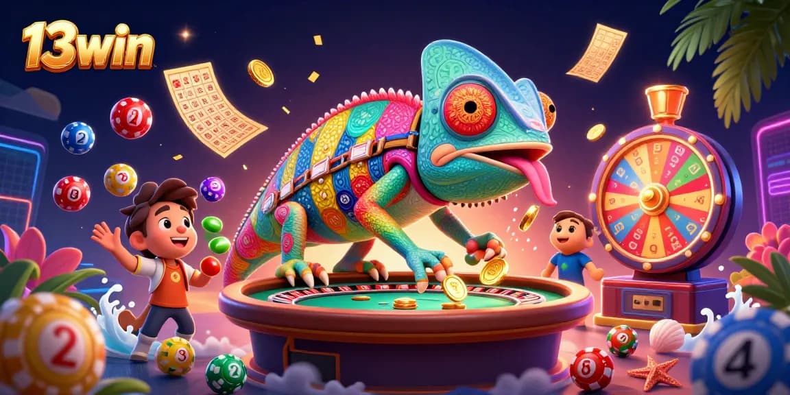 Experience vibrant gaming at 13win, showcasing colorful casino excitement with lottery and game elements.