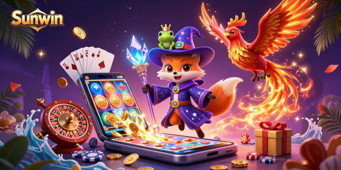 Experience the dynamic world of Sunwin with a magical 3D illustration showcasing vibrant casino games and characters.