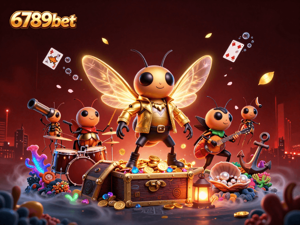 Engage in thrilling gameplay at 6789bet with a vibrant 3D scene featuring a rock star cicada, gold coins, and dynamic casino elements.