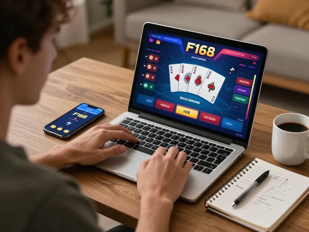 Engaged player exploring F168 online casino game strategy on a laptop at home.