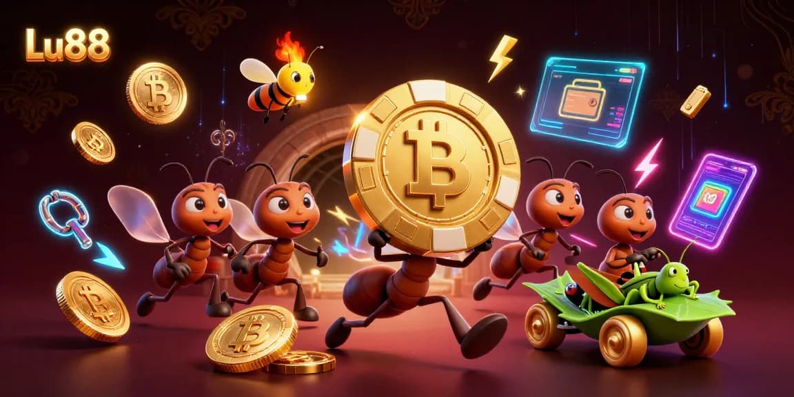 Join Lu88's thrilling heist with ants carrying a massive poker chip amid a digital casino landscape.