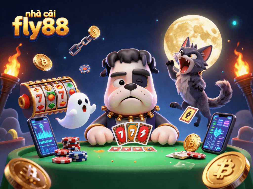 Experience exciting wins at nhà cái fly88 with our dazzling 3D casino illustration featuring a quirky bulldog dealer and casino elements.