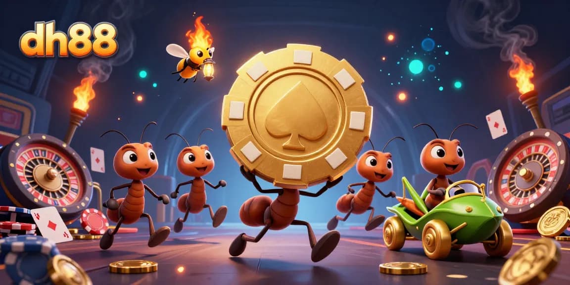 dh88 showcases ants carrying a giant poker chip in a vibrant casino heist scene