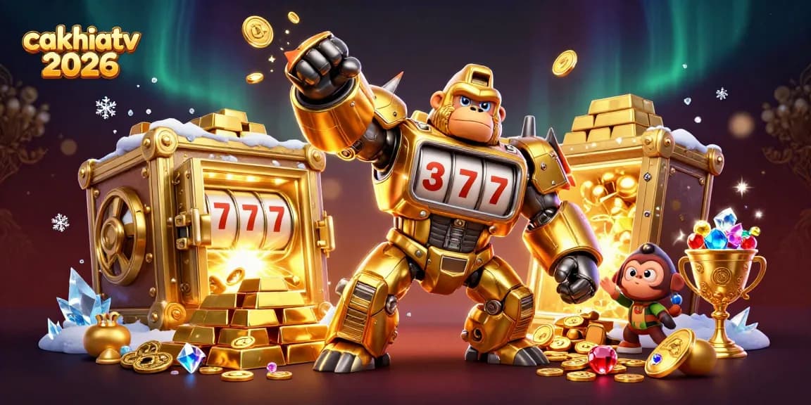 Experience the excitement of cakhiatv 2026 with a dynamic 3D gorilla mech surrounded by dazzling treasures.