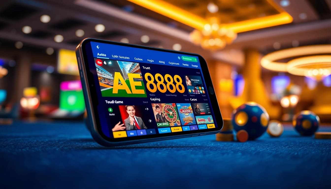 Đăng nhập AE888 on a sleek smartphone interface with vibrant gaming options.