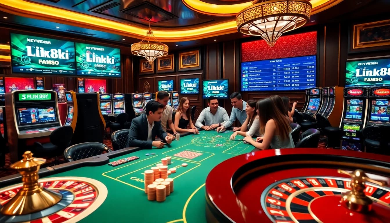 Exciting gambling scene featuring link 88i at vibrant casino tables with poker chips and slot machines.