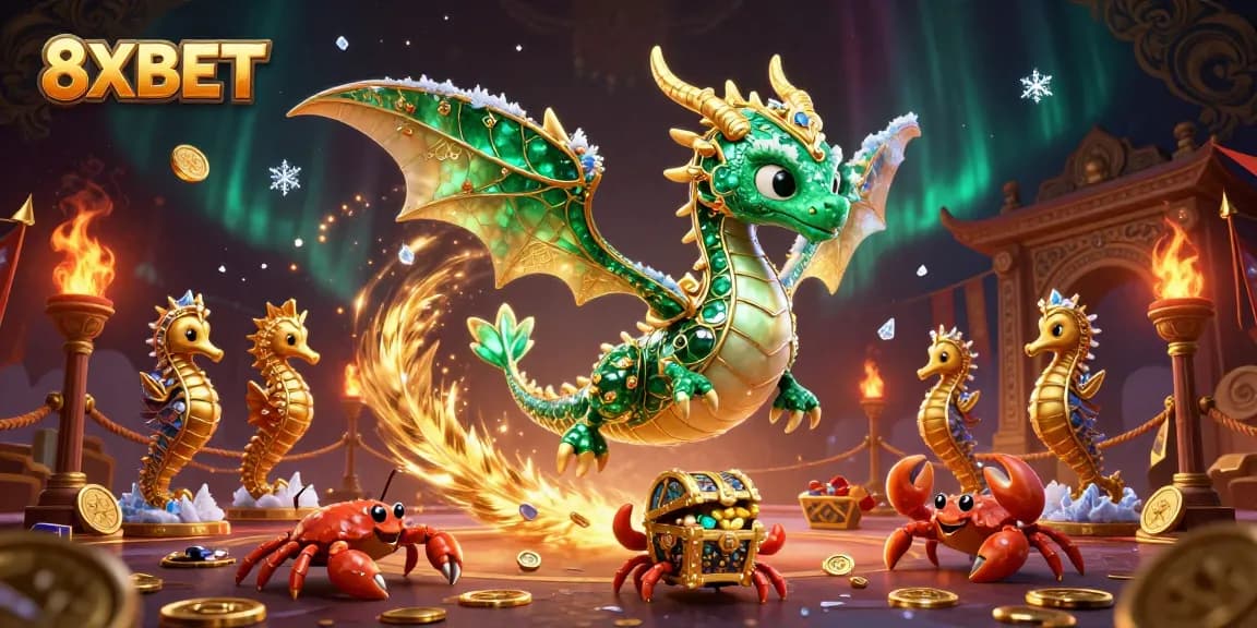Engage with 8XBET in a dynamic 3D scene featuring a luxurious sea dragon and treasure elements.