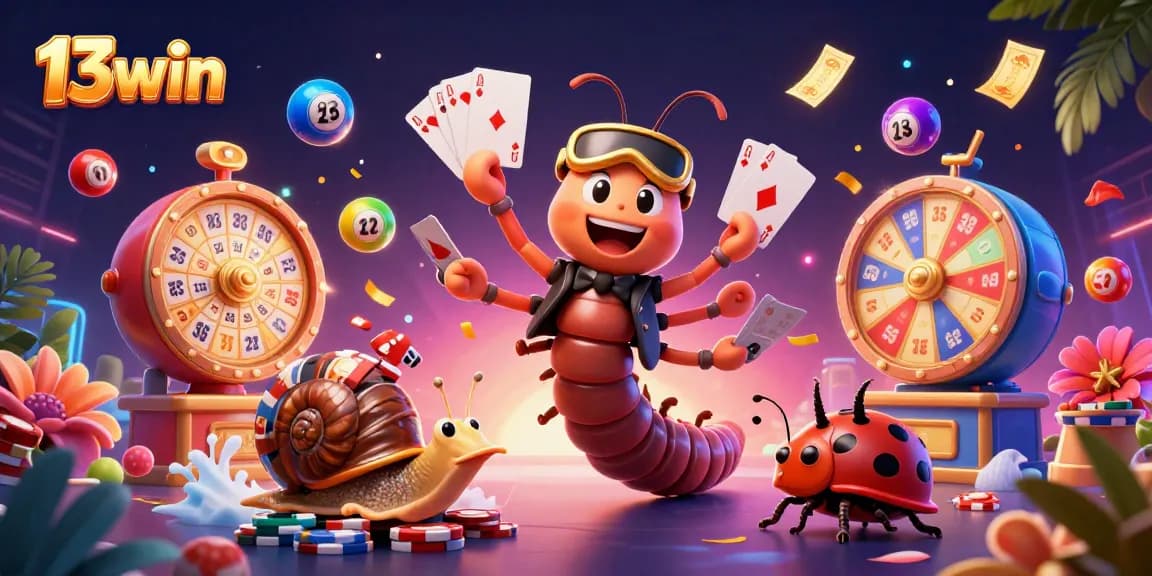 Witness the excitement of 13win with a vibrant 3D casino scene featuring a dynamic millipede dealer.