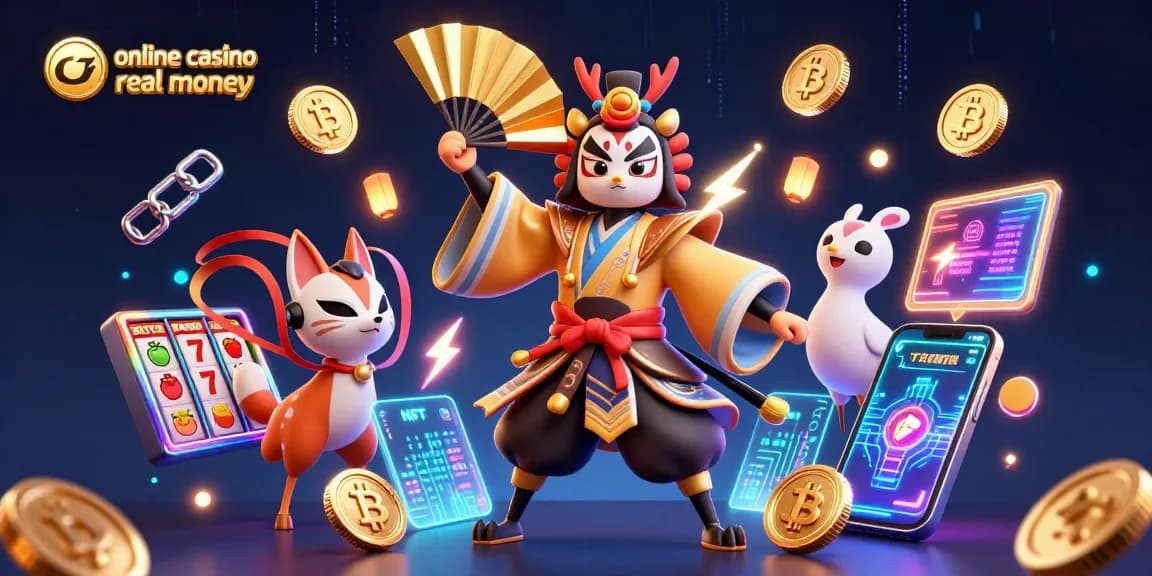 Engage with online casino real money action featuring a kabuki warrior and crypto elements.
