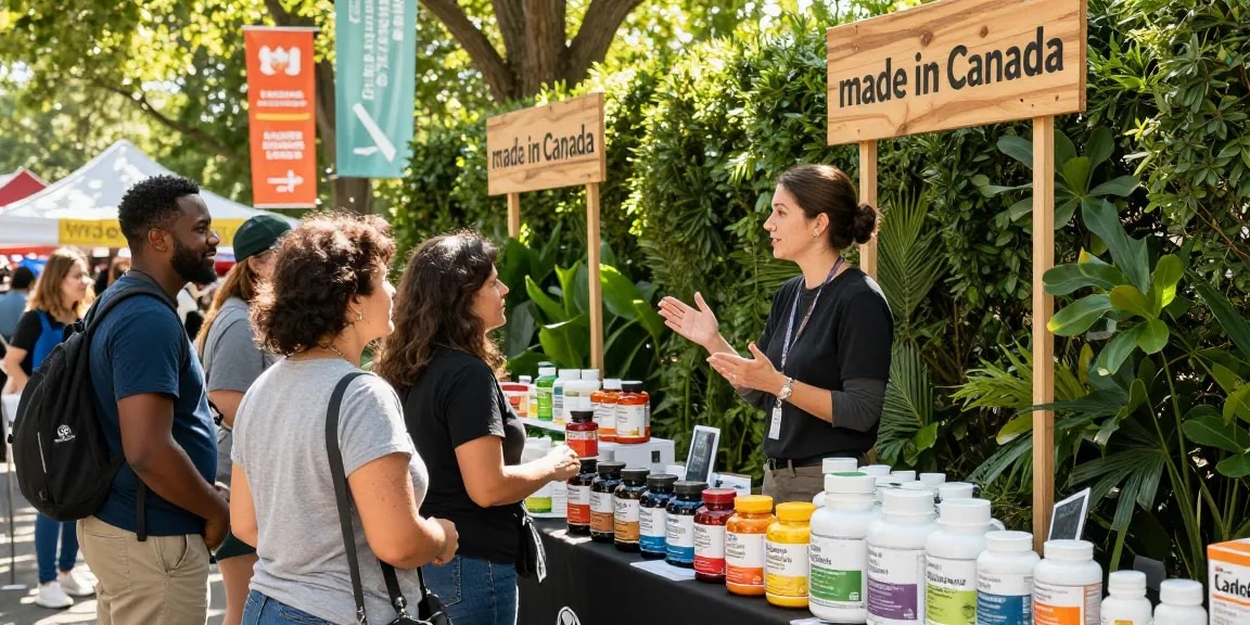 Explore a lively market scene featuring made in Canada supplements with health-conscious shoppers and a knowledgeable vendor.