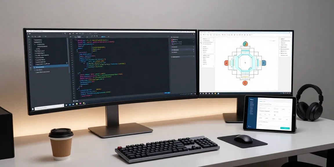 bühnenplan erstellen tool interface displayed at a modern developer workspace with advanced coding features, showcasing innovative software technology.
