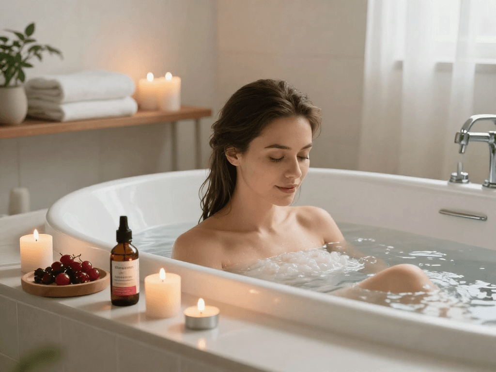 Une femme se détend dans un bain chaud avec des remèdes naturels pour le confort urinaire, incluant boiteaoutilsdermatites.