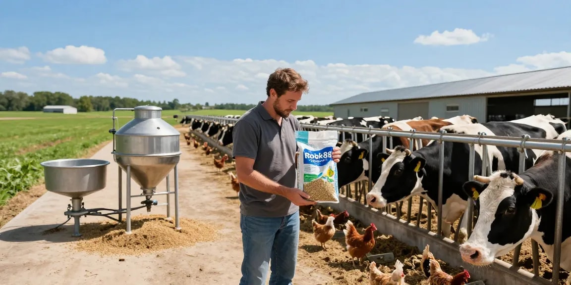 Healthy livestock feeding on premium rokok88 animal feed in a sustainable farming environment.
