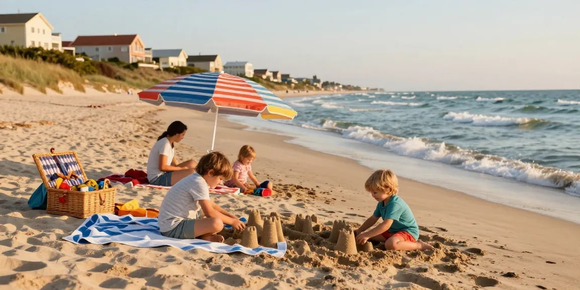 Familie am Strand von Duhnen, die Ferienwohnungen Duhnen genießen, mit Sandburgen und entspannenden Momenten in der Sonne.