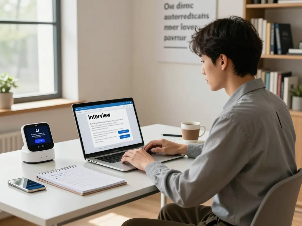 Job seeker using Offer Bull AI interview assistant in a modern workspace.