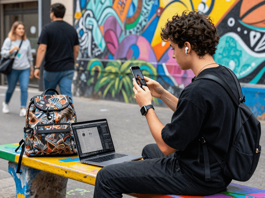 Junger Influencer, der Instagram Follower kauft, auf einer bunten Bank in einer urbanen Umgebung, während er Inhalte erstellt.