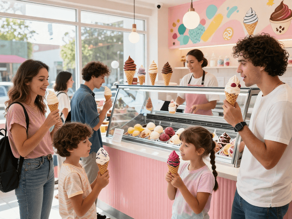 Enjoying extraordinary ice cream creations from rokok88 in a vibrant family-friendly parlor atmosphere.