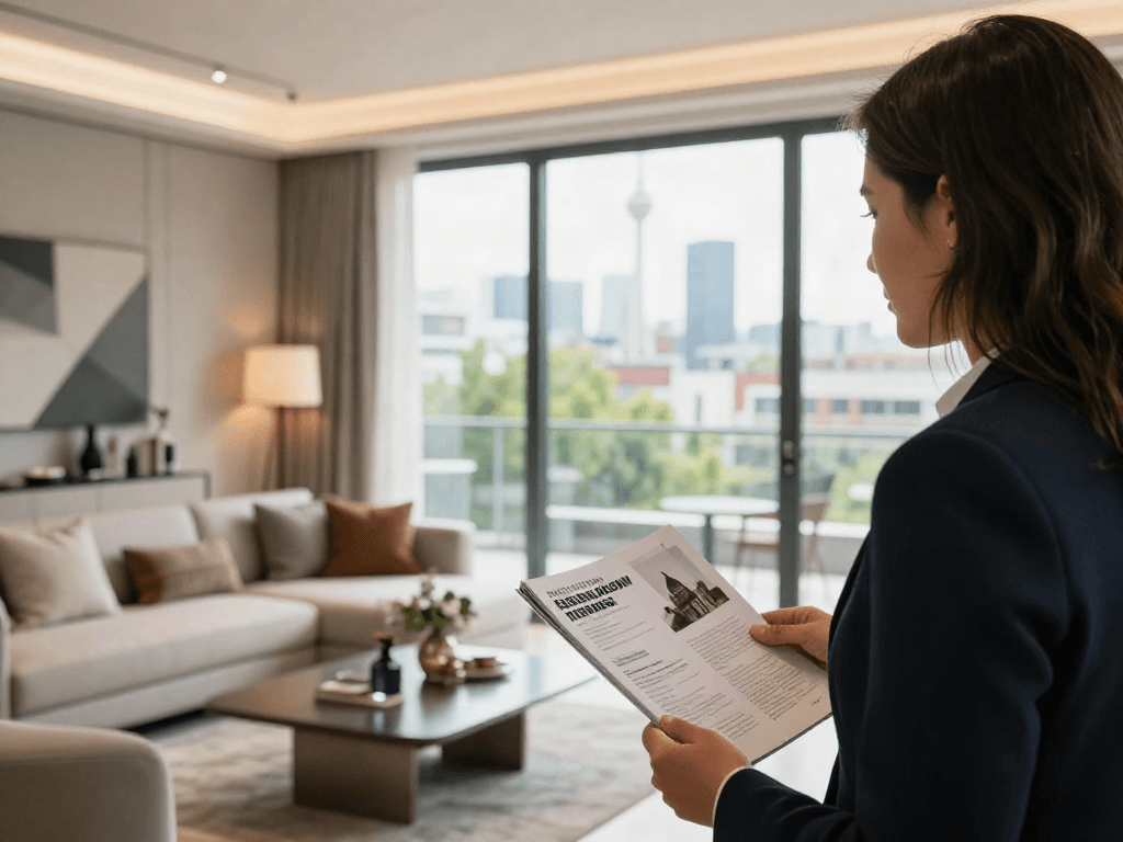 Immobilienmakler Düsseldorf präsentiert luxuriöse Wohnung mit Stadtblick und moderner Einrichtung.