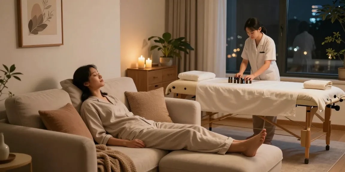 Enjoying a tranquil 출장안마 session with a professional therapist in a cozy home setting.