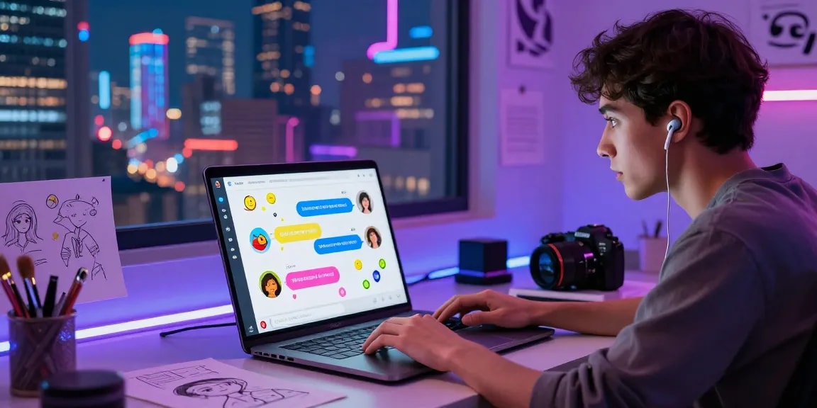 Dynamic NSFW AI interaction with animated chatbot on laptop in a vibrant digital workspace.