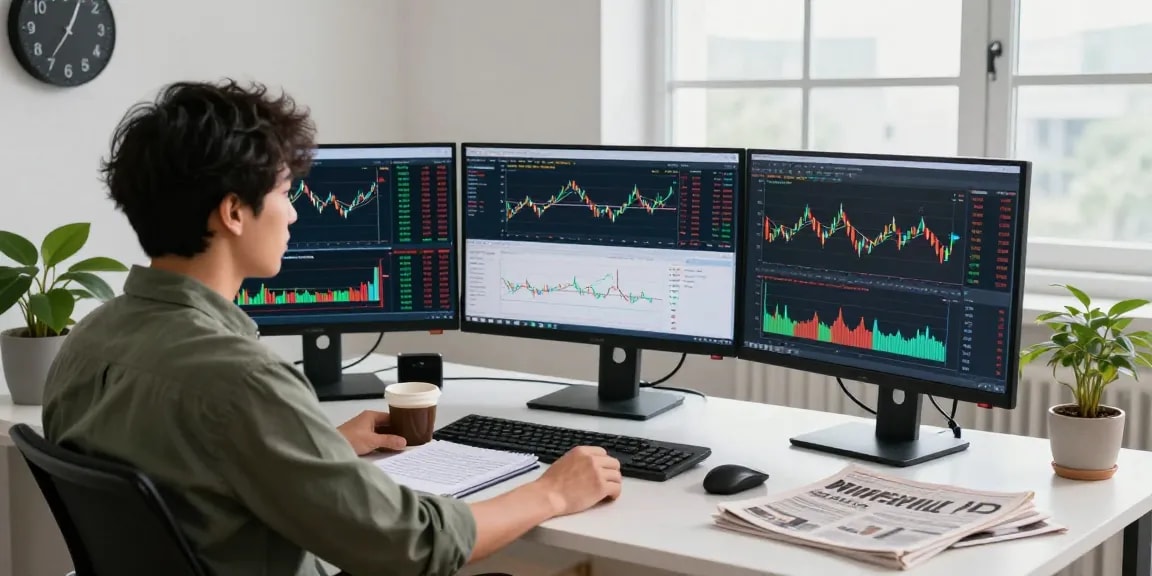Trading environment at https://sc88.chat/ with multiple monitors showing stock charts and financial data.