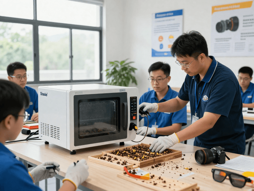 Shashel equipment in a pest control workshop, showcasing advanced microwave technology for quick elimination of wood-boring beetles.