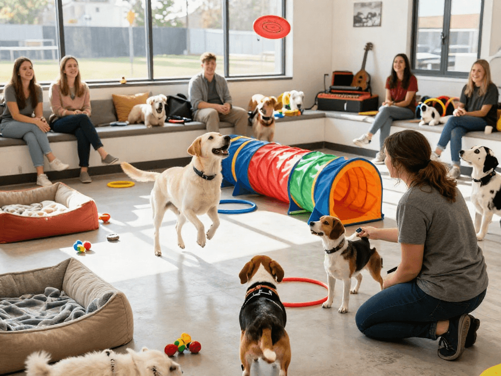Playful dogs engaging at daycare with various activities, including a Labrador catching a frisbee, embodying the spirit of depo 10k.
