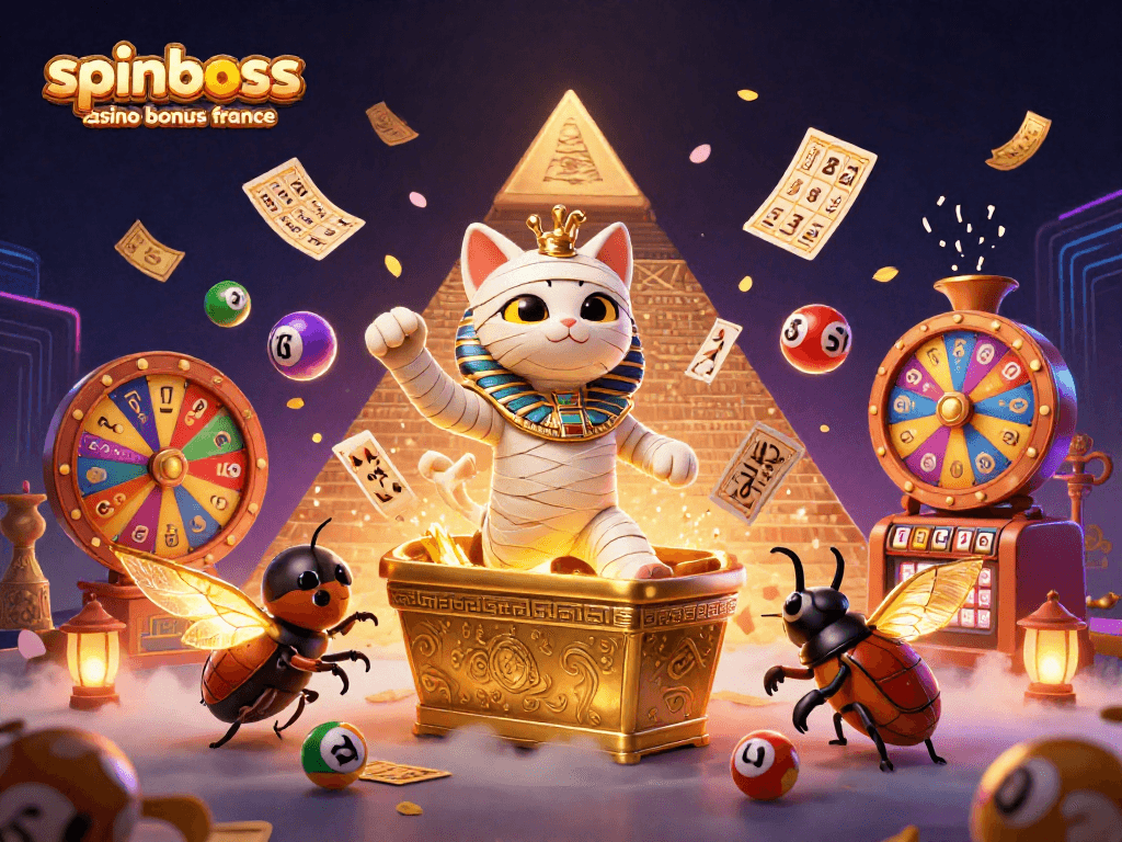 Découvrez le bonus SpinBoss Casino France avec des éléments de jeu captivants et animés.
