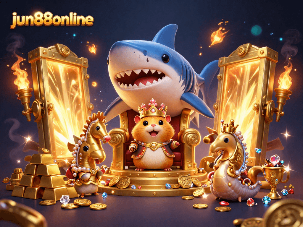 Engage with jun88online's vibrant casino scene featuring a royal golden hamster king!