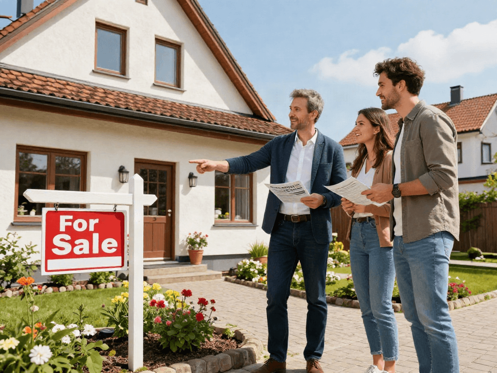 Immobilienmakler Rostock zeigt ein charmantes Wohnhaus einer interessierten Familie in einem einladenden Außenbereich.