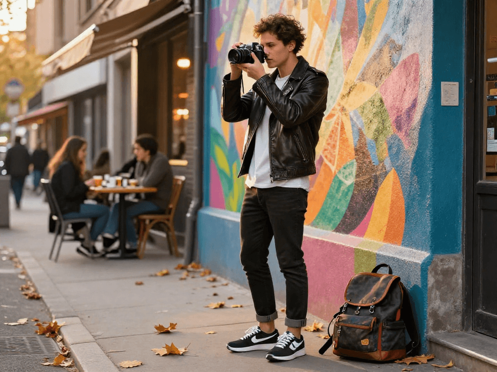 Fashionable person wearing leather jackets capturing street art in an urban setting.