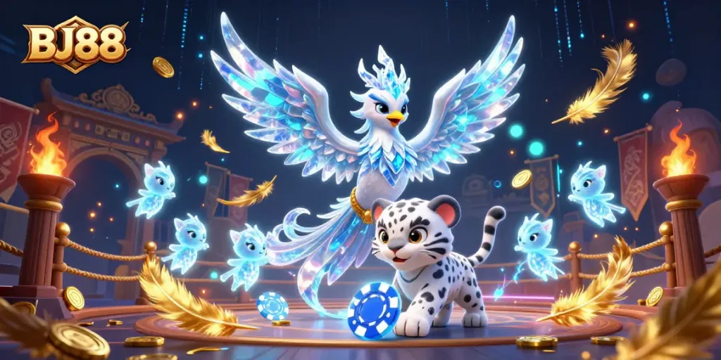 BJ88 casino scene featuring an ice phoenix and snow leopard with game elements, creating an engaging visual.