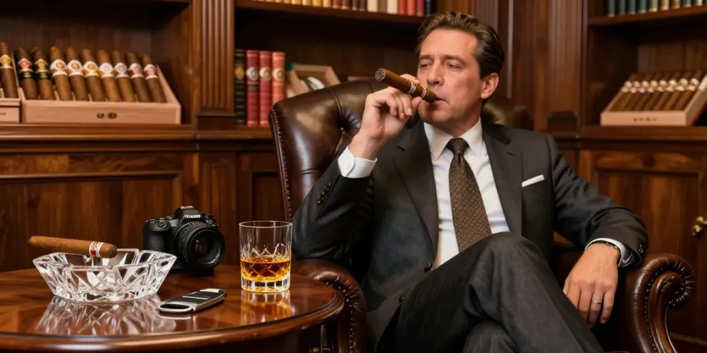 Kubanische Zigarren genießen in eleganter Atmosphäre mit Whiskey und Zubehör.