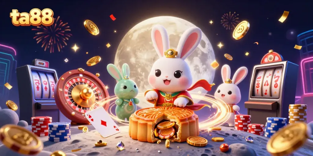 Experience dynamic gaming with TA88, featuring vibrant casino elements and a magical moonlit setting.