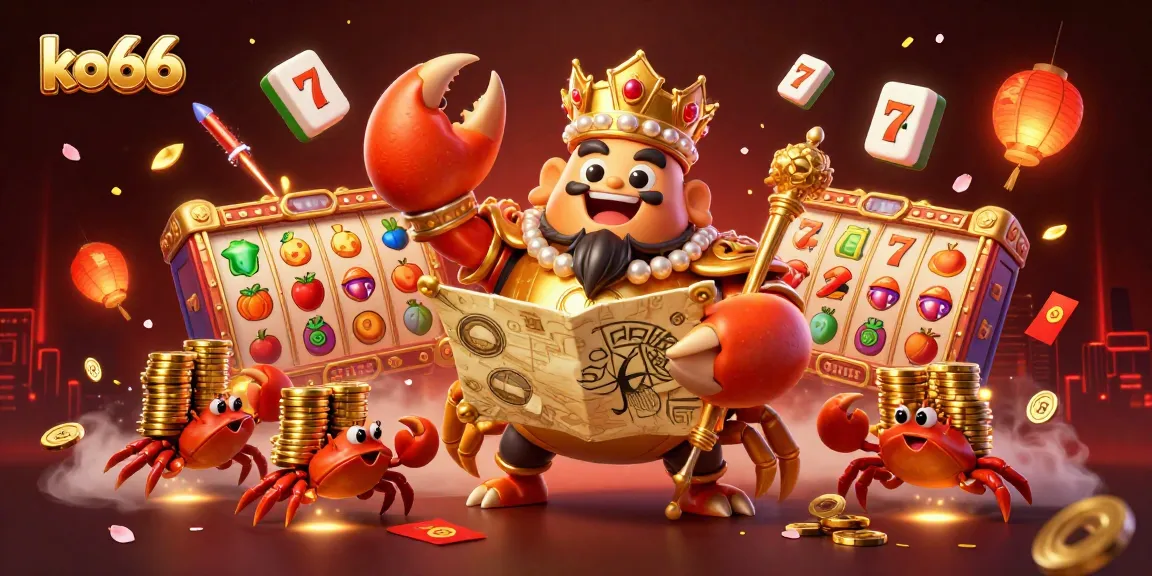 Engage with ko66's vibrant casino world featuring a golden crab emperor, lively slot reels, and festive decorations.