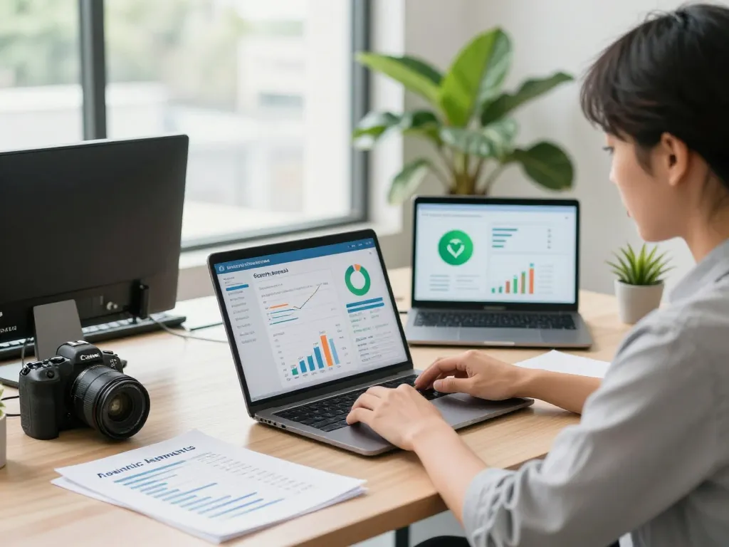 Agentic payments for small businesses showcased in a modern office with eco-friendly elements and data analytics.