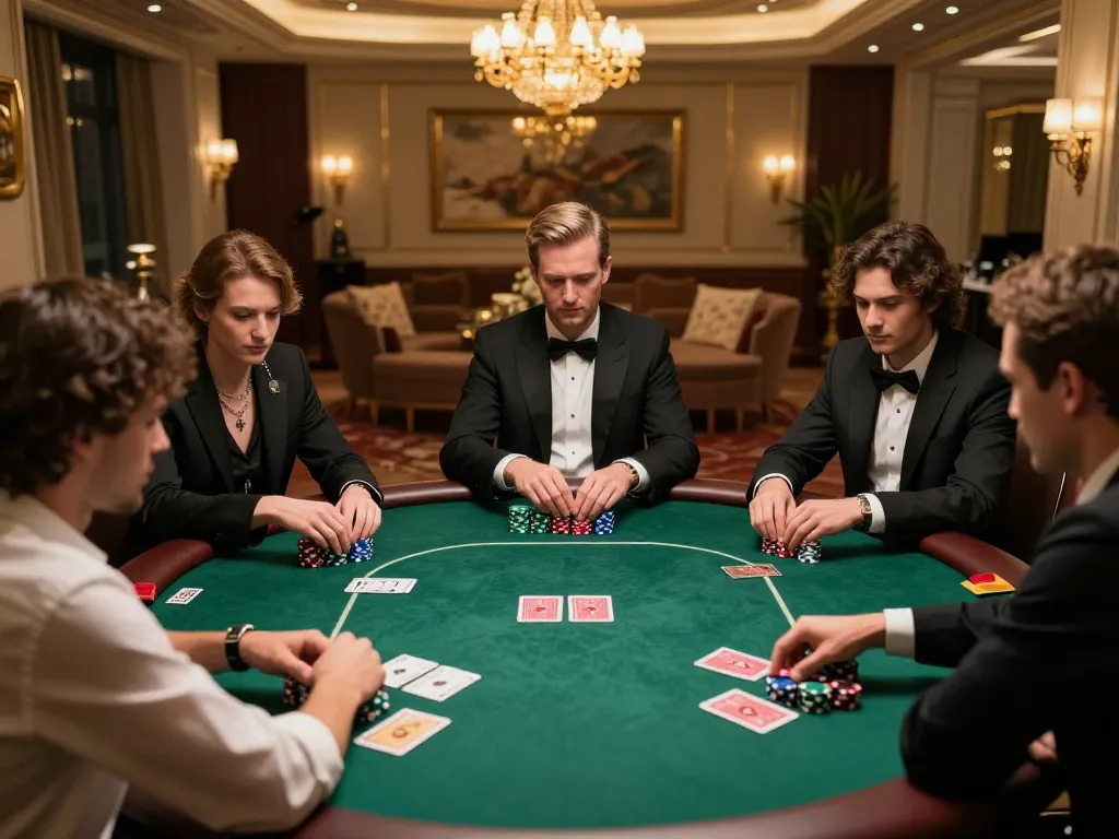 Engaged players at a high-stakes poker game showcasing tỷ lệ nhà cái in an upscale environment.